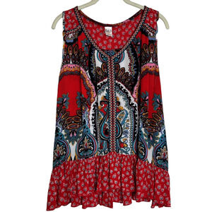 Bila Womens Sleeveless Peasant Blouse Large Red Abstract Crinkle Tiered Hem Boho